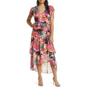 New Floral Side Ruched Chiffon Midi Dress In Coral/blue Multi  P4168